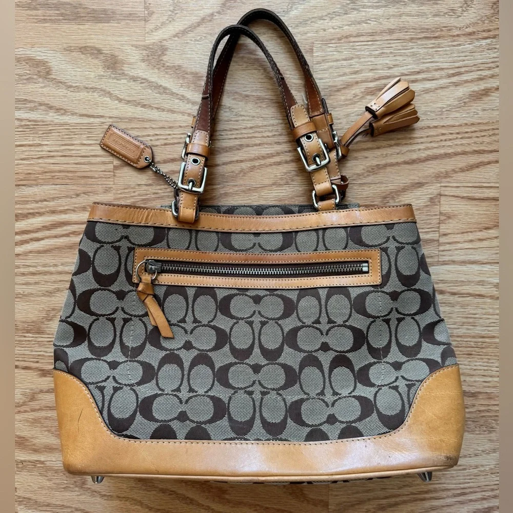 Coach Brown Signature Canvas Tote with Tan Leather Trim - Picture 5 of 16